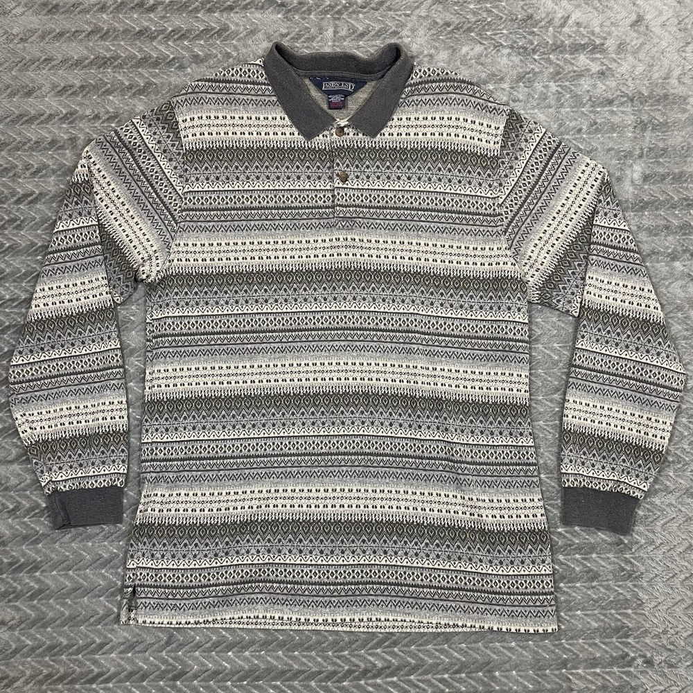 Vtg Lands End Men Large Shirt Long Sleeve Polo Cotton USA Geometric Pattern